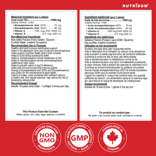 Nutridom Atlantic Cod Liver Oil (with EPA, DHA, Vitamins A & D), 1000mg, 120 Softgels