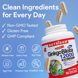 Nutridom Ginkgo Biloba 12000 (Extra Strength), 240mg, 60 Vegetable Capsules