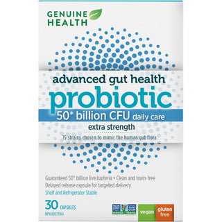 Genuine Health, Advanced Gut Health Probiotic 50 Billion CFU Daily Care Extra Strength, 30 Vegan capsules