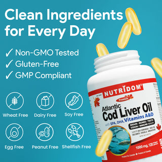 Nutridom Atlantic Cod Liver Oil (with EPA, DHA, Vitamins A & D), 1000mg, 120 Softgels