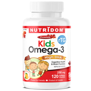 Nutridom Kids Omega-3 (rTG Omega 3) Fish Oil, High DHA, EPA, 250mg, 120 Chewable Softgels