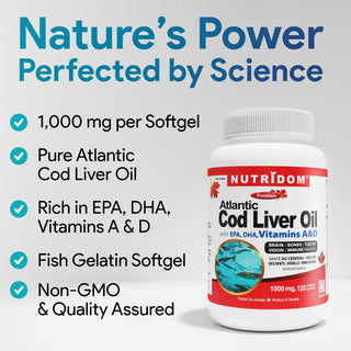 Nutridom Atlantic Cod Liver Oil (with EPA, DHA, Vitamins A & D), 1000mg, 120 Softgels