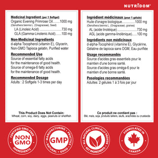 Nutridom Evening Primrose Oil 1000, 1000mg, 120 Softgels (Organically Sourced, Cold Pressed)