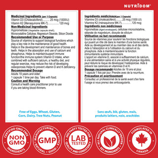 Nutridom Vitamin D3 + K2 Vegan 120 Vegetable Capsules