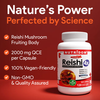 Nutridom Reishi Mushroom Extract 4x 500mg 120 Vegetable Capsules (QCE 2,000mg)