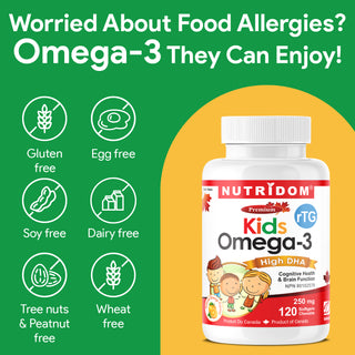 Nutridom Kids Omega-3 (rTG Omega 3) Fish Oil, High DHA, EPA, 250mg, 120 Chewable Softgels