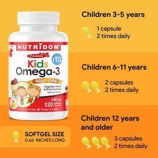 Nutridom Kids Omega-3 (rTG Omega 3) Fish Oil, High DHA, EPA, 250mg, 120 Chewable Softgels