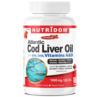 Nutridom Atlantic Cod Liver Oil (with EPA, DHA, Vitamins A & D), 1000mg, 120 Softgels