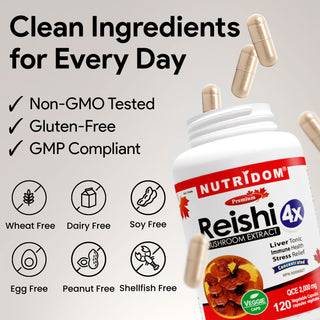 Nutridom Reishi Mushroom Extract 4x 500mg 120 Vegetable Capsules (QCE 2,000mg)