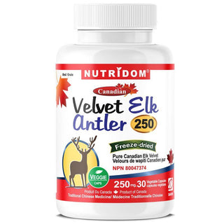 Nutridom Canadian Velvet Elk Antler, 250mg ,30 Veggie Capsules - CAFORIA.CA