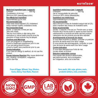 Nutridom Chitosan, 95% Acetylated Chitin, 500 mg, 120 Veggie Capsules - CAFORIA.CA