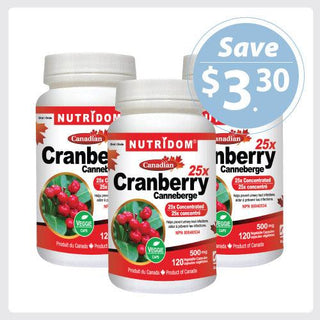 Nutridom Cranberry 25x, Canadian Whole Fruit Concentrate, 500 mg, UTI Support, 120 Veggie Capsules - 3 PACK - CAFORIA.CA