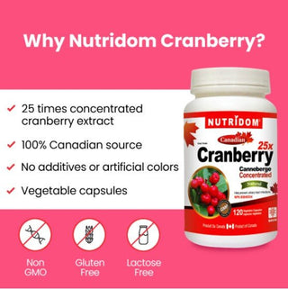 Nutridom Cranberry 25x, Canadian Whole Fruit Concentrate, 500 mg, UTI Support, 120 Veggie Capsules - 6 PACK - CAFORIA.CA