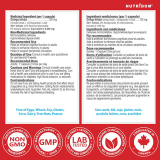 Nutridom Ginkgo Biloba 5000, 100 mg, 24% Flavones Glycoside & 6% Terpene Lactones, 120 Veggie Capsules - CAFORIA.CA