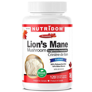 Nutridom Lion's Mane Mushroom, 500 mg, 30% Polysaccharides & 10% Beta - Glucan, 120 Veggie Capsules - CAFORIA.CA