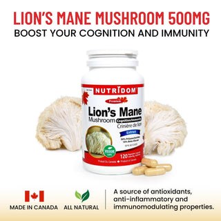Nutridom Lion's Mane Mushroom, 500 mg, 30% Polysaccharides & 10% Beta - Glucan, 120 Veggie Capsules - CAFORIA.CA