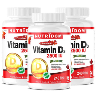 Nutridom Vitamin D3 (Cholecalciferol) with MCT Oil, 62.5 mcg (2500 IU), 240 Softgels - 3 PACK - CAFORIA.CA