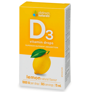 Platinum Naturals Vitamin D3 Drops 1000 IU 15ml Lemon Flavour - CAFORIA.CA