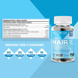 SUKU Vitamins Hair, Skin and Nails Multivitamin Gummies, Sugar Free, Keto, 2500mcg Biotin, Collagen, Silicon, Natural Gummy Vitamins for Healthy Skin and Hair Growth for Women and Men (60 Count) - CAFORIA.CA