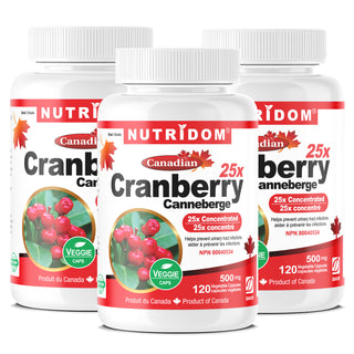 Nutridom Cranberry 25x, Canadian Whole Fruit Concentrate, 500 mg, UTI Support, 120 Veggie Capsules - 3 PACK