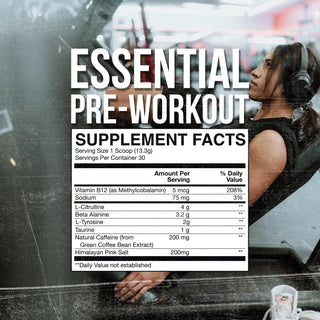 RAW Essential Pre-Workout Powder - Chris Bumstead Sports Nutrition Supplement for Men & Women - Preworkout Energy Powder with Caffeine, L-Citrulline, L-Tyrosine, & Beta Alanine Blend (Blue Raspberry)