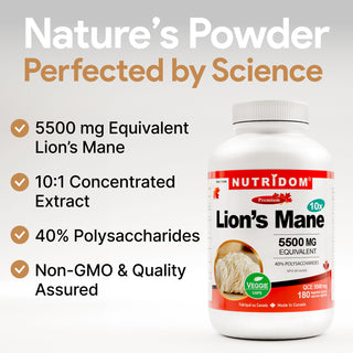 Nutridom Lions Mane 10x, 550mg, 180 Vegetable Capsules (5500mg Equivalent / 40% Polysaccharides)