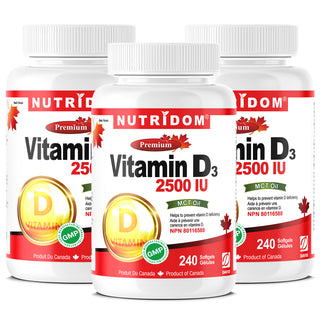 Nutridom Vitamin D3 (Cholecalciferol) with MCT Oil, 62.5 mcg (2500 IU), 240 Softgels - 3 PACK