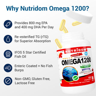 Nutridom Omega 1200（rTG Omega 3）鱼油，EPA，DHA，120 粒软胶囊 - 6 包