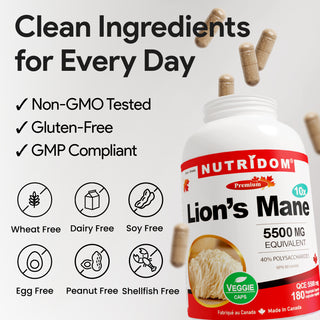 Nutridom Lions Mane 10x, 550mg, 180 Vegetable Capsules (5500mg Equivalent / 40% Polysaccharides)