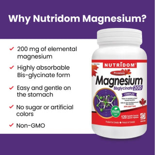 Nutridom Magnesium Bisglycinate, 200 mg, 120 Veggie Capsules - 3 PACK