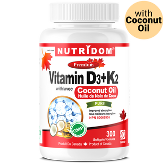 Nutridom Vitamin D3 + K2  with Coconut Oil, 300 Softgels