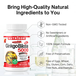 Nutridom Ginkgo Biloba 5000, 100 mg, 24% Flavones Glycoside & 6% Terpene Lactones, 120 Veggie Capsules