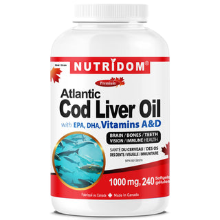 Nutridom Atlantic Cod Liver Oil (with EPA,DHA, Vitamin A&D), 1000mg, 240 Softgels