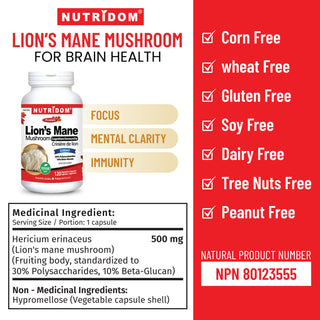 Nutridom Lion&#39;s Mane Mushroom, 500 mg, 30% Polysaccharides & 10% Beta-Glucan, 120 Veggie Capsules