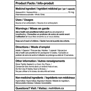 Astaxanthin supplement facts label 15 mg capsules