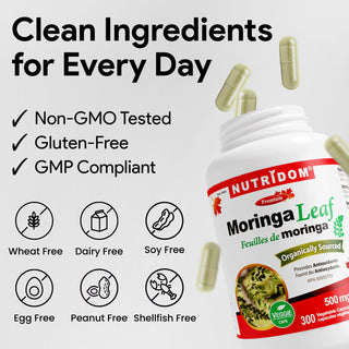 Nutridom Moringa Leaf 500mg 300 Vegetable Capsules (Organically Sourced, Antioxidants)