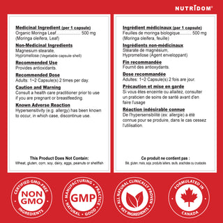 Nutridom Moringa Leaf 500mg 300 Vegetable Capsules (Organically Sourced, Antioxidants)