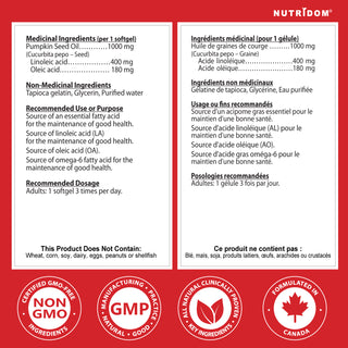 Nutridom Pumpkin Seed Oil 1000mg 90 Veggie Softgels (Cold-Pressed)