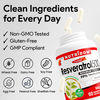 Nutridom Resveratrol500 500mg 60 Vegetable Capsules (Maximum Strength / 99% Trans-Resveratrol / Antioxidant)