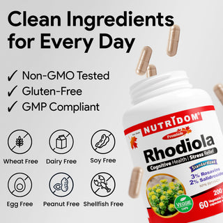 Nutridom Rhodiola 200mg 60 Vegetable Capsules (Cognitive Health, Stress Relief)