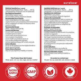 Nutridom Rhodiola 200mg 60 Vegetable Capsules (Cognitive Health, Stress Relief)