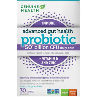 Genuine Health Advanced Gut Health Probiotic 50 Billion CFU Daily Care Immune + Vitamin D and Zinc 30 Vegan capsules