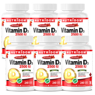 Nutridom Vitamin D3 (Cholecalciferol) with MCT Oil, 62.5 mcg (2500 IU), 240 Softgels - 6 PACK