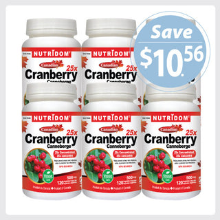 Nutridom Cranberry 25x, Canadian Whole Fruit Concentrate, 500 mg, UTI Support, 120 Veggie Capsules - 6 PACK