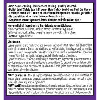 AOR Lysine, Vitamin C and Hyaluronic Acid 224mg 60 Capsules - CAFORIA.CA