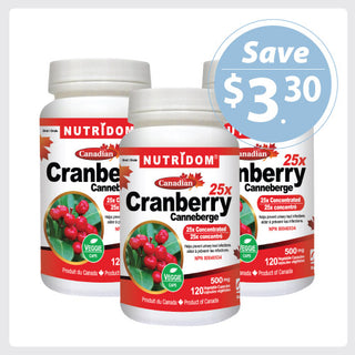 Nutridom Cranberry 25x, Canadian Whole Fruit Concentrate, 500 mg, UTI Support, 120 Veggie Capsules - 3 PACK