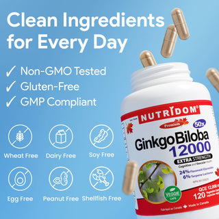 Nutridom Ginkgo Biloba 12000 (Extra Strength), 240mg, 120 Vegetable Capsules