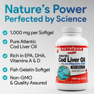 Nutridom Atlantic Cod Liver Oil (with EPA,DHA, Vitamin A&D), 1000mg, 240 Softgels