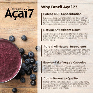 Brazil Acai 7, Acai Berry Fruit Concentrate 100x, 200 mg(20,000 mg QCE) 200 Veggie Capsules - CAFORIA.CA