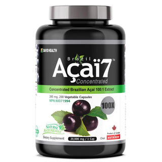 Brazil Acai 7, Acai Berry Fruit Concentrate 100x, 200 mg(20,000 mg QCE) 200 Veggie Capsules - CAFORIA.CA